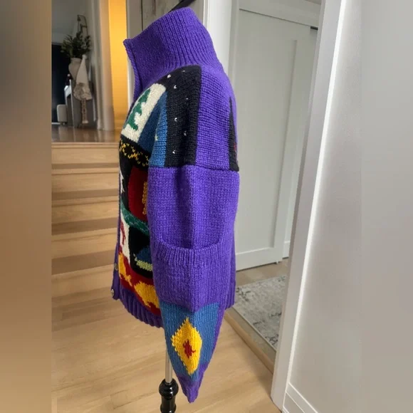 Motif Hand-Knit Wool Patchwork Cardigan  Jacket – Purple – Size M (New) - Picture 5 of 6